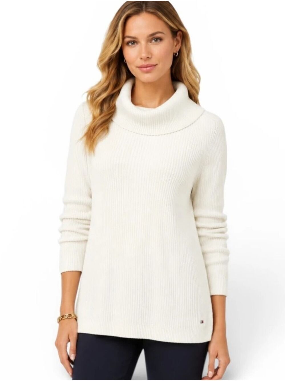 Tommy Hilfiger White Ribbed Knit Cowl Neck Tunic Sweater – Large